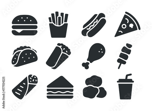 Variety of fast food icons including burger, fries, and pizza in black and white
