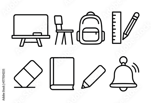 Outline icons of school supplies: chalkboard, chair, backpack, and more