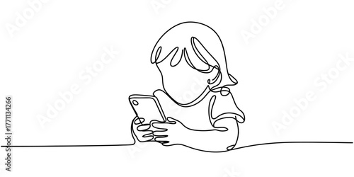 a child looking at a smartphone, simple modern design symbolizing technology, curiosity, and digital childhood.