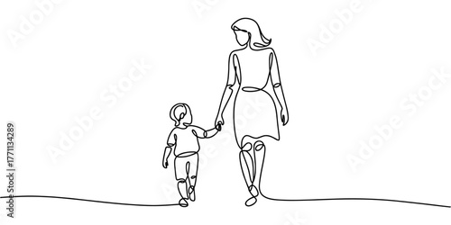 Minimalist one line illustration of a mother and child holding hands while walking, simple modern design symbolizing love, family, and togetherness.