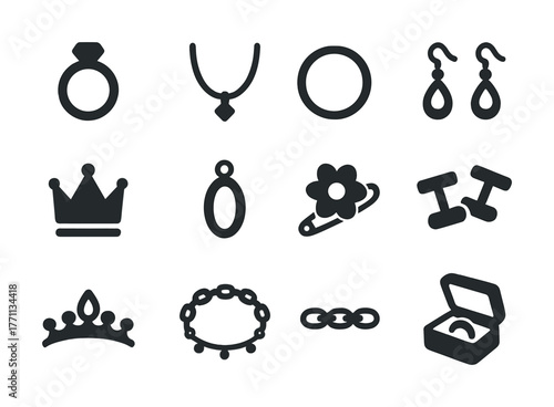 Jewelry icons set: rings, necklaces, earrings, crowns, hairpins, cufflinks, bracelet, gift box