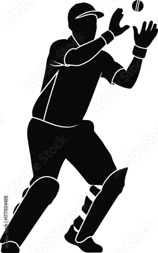 Silhouette of a cricket player catching a ball