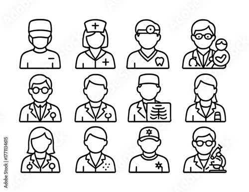 Medical professionals icon set: doctors and nurses in various specializations