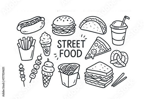 Street food doodles: burger, taco, pizza, ice cream, noodles, hotdog, pretzel, fries
