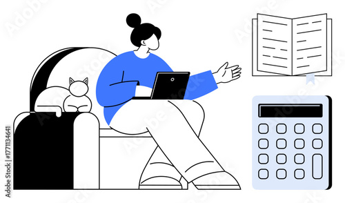 Woman seated on couch with tablet, gesturing to an open book. Nearby cat and calculator suggest study, budgeting, and leisure. Ideal for education, remote work, learning, multitasking productivity