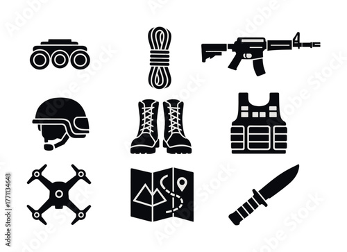 Military equipment icons: helmet, boots, map, drone, vest, knife, rifle, rope