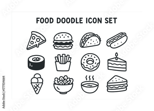 Food doodle icon set featuring pizza burger taco hotdog sushi and more