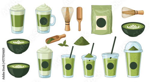 A diverse collection of matcha green tea items, featuring various lattes, frappes, and traditional bowls, along with raw powder and preparation tools.