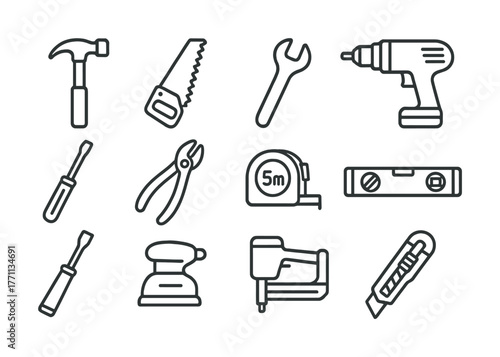 Set of outline hand tools and power tools for construction and diy projects
