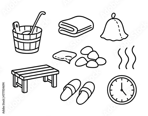 Sauna essentials: bucket, towel, slippers, and relaxation items line art