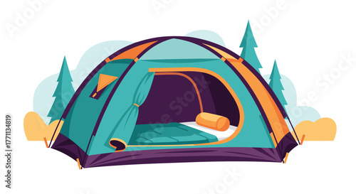An inviting teal and orange dome tent with its flap open, showcasing a comfortable sleeping setup, nestled among stylized pine trees.