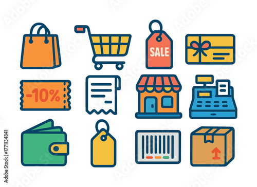 Shopping icons set: cart, sale tag, wallet, barcode, gift box, store, receipt, cash register