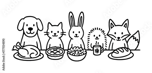 Cute cartoon animals enjoying thanksgiving feast with turkey pie and bread