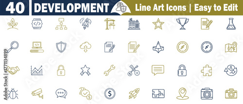 Set of 40 Development Icons in Detailed Line Art Style, Fully Editable for Web, App, and Business Ventures, Featuring Blue and Gold Color Scheme on Clear Isolated BG. 