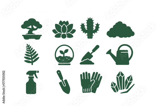 Green gardening icons: bonsai, cactus, tools, and plant care symbols