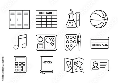 School icons: locker, timetable, chemistry, basketball, music, lunch, art, library, calculator, history, map, id