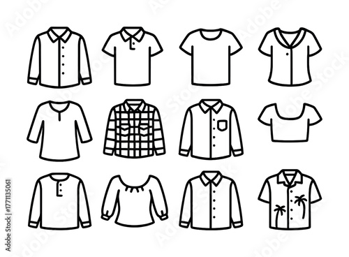 Diverse shirt outline icons collection featuring casual and formal styles