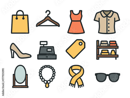 Set of fashion and retail icons including apparel, accessories, and shopping items