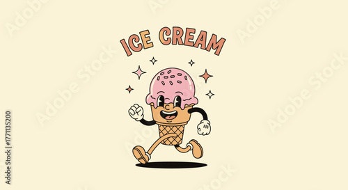 A joyful retro cartoon ice cream cone character with a pink scoop and sprinkles runs playfully, with \.