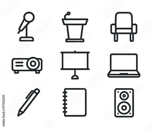 Conference equipment icons: microphone, podium, chair, projector, screen, laptop, pen, notebook, speaker