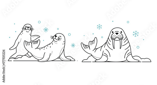 Cute cartoon seals and a walrus playing in the snow, featuring happy arctic animals enjoying winter.