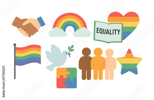 Diverse symbols of unity and equality with rainbow colors and peaceful imagery