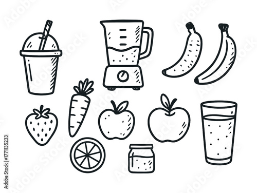 Hand-drawn smoothie ingredients: blender, fruits, veggies, glass, jar
