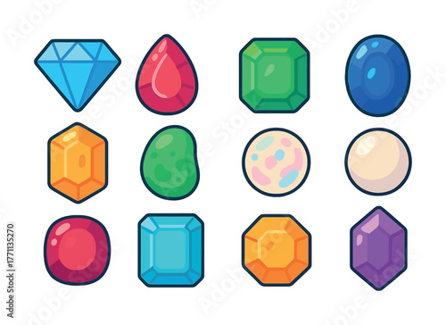 Colorful assorted gemstones with various shapes and vibrant hues on white background