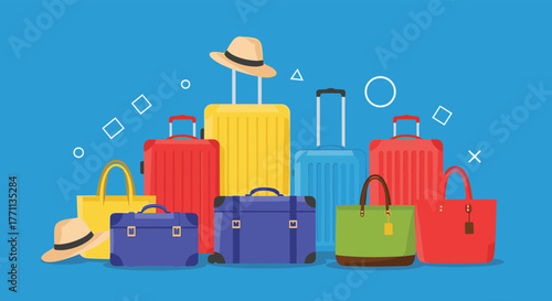 A vibrant assortment of colorful suitcases, travel bags, and sun hats, ready for a fun and exciting vacation trip.