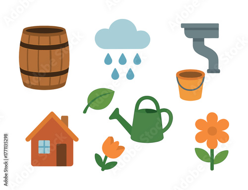 Water conservation icons - barrel, rain cloud, downspout, bucket, house, leaves, watering can, flowers