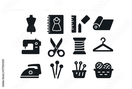 Sewing tools and icons set: mannequin, sewing machine, spool, scissors, iron