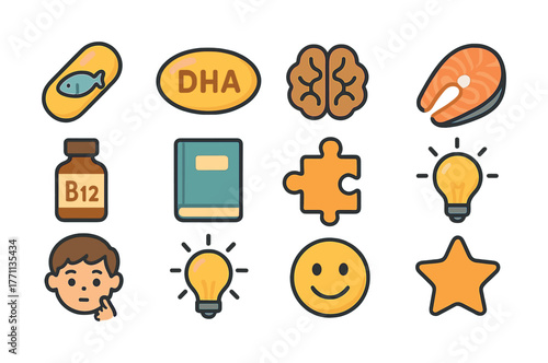 Nutrition and learning icons: fish oil, dha, brain, salmon, b12, book, puzzle, bulb, kid, smile, star
