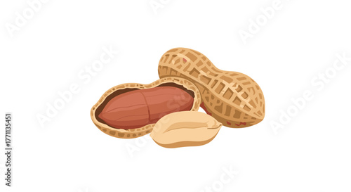Three peanuts with one whole, one cracked open, and one shelled nut, displayed on a clean white background, showcasing their natural texture.