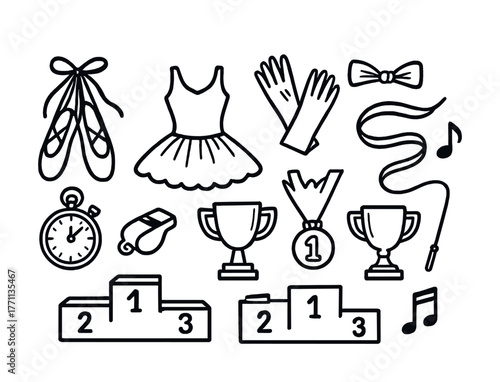 Dance and sports icons: ballet shoes, trophies, stopwatch, medal, podium, music notes