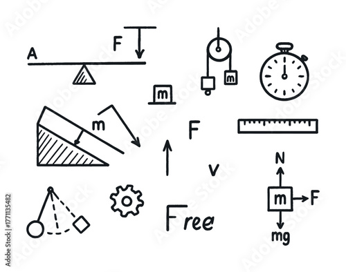 Hand-drawn physics diagrams with lever, pulley, stopwatch, and inclined plane