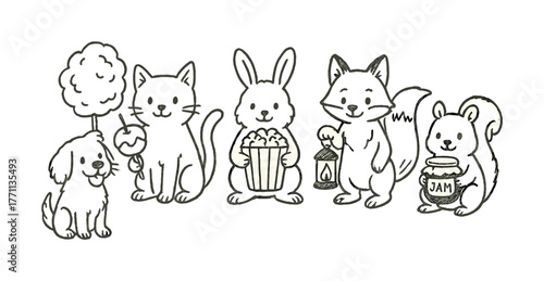 Cute cartoon animals enjoying treats and holding objects in a fun group pose
