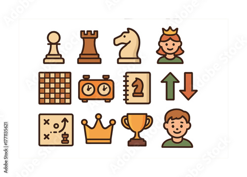 Chess icons collection featuring game pieces, timer, trophy, and characters