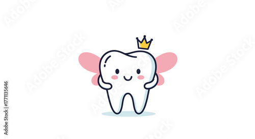 A charming and cheerful cartoon tooth fairy, sparkling white with pink wings and a golden crown, ready to bring joy.