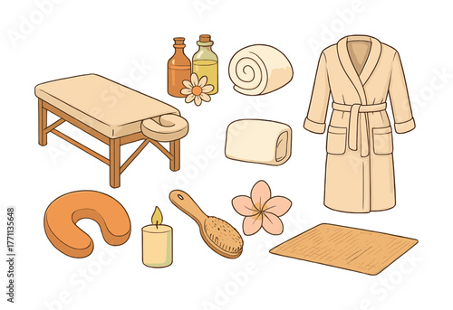 Spa essentials illustration with massage table, oils, candle, and robe for relaxation