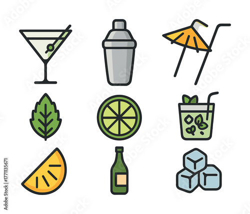 Cocktail essentials: shaker, garnishes, and refreshing ingredients