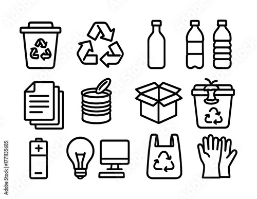 Recycling icons set: bin, symbols, batteries, light bulb, gloves, bottles, containers