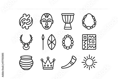 African tribal symbols: masks, drums, jewelry, pottery, and sun icon