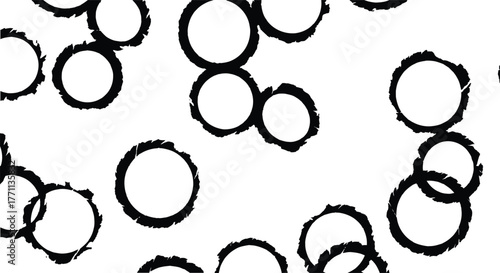 Black and white seamless vector pattern of distressed circular shapes Grunge ink ring stains abstract texture background