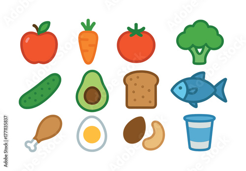 Colorful assorted foods icons including fruits vegetables fish and bread