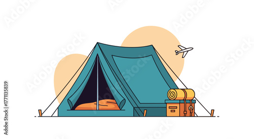 A stylized illustration depicting a blue camping tent with a sleeping bag and packed luggage, symbolizing outdoor recreation and travel.