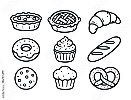 Assorted bakery icons: pie, croissant, donut, cupcake, baguette, cookie, pretzel