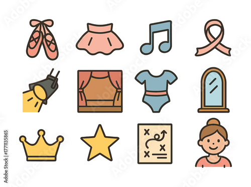 Ballet icons collection with dance shoes, leotard, stage light, female performer