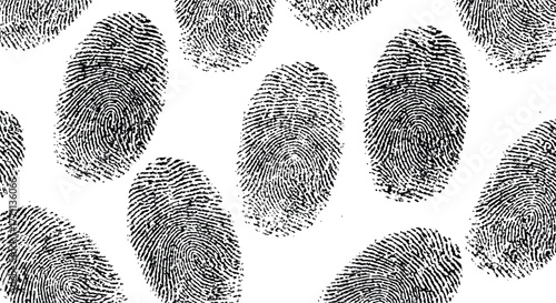 Seamless Background Texture of Multiple Black Fingerprints on White High Contrast Grunge Identity and Security Pattern