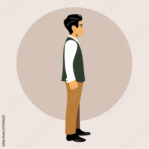 Illustration of a young Asian man in a white shirt and green vest standing in profile against a beige circular background, conveying a sense of korean work life balance.