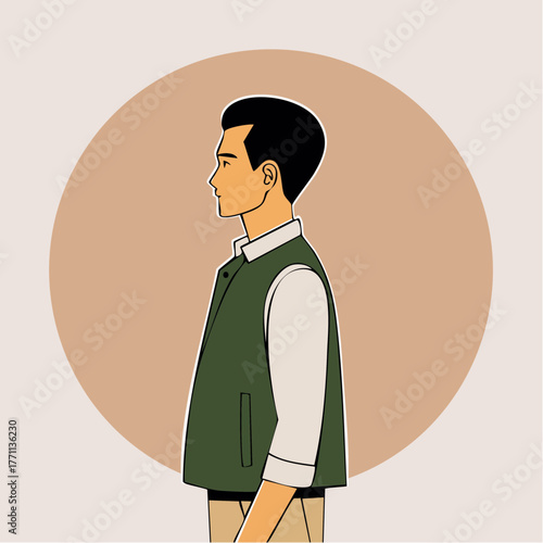 Illustration of a Korean young man in a green vest standing in front of a beige circle, conveying a sense of work life balance.